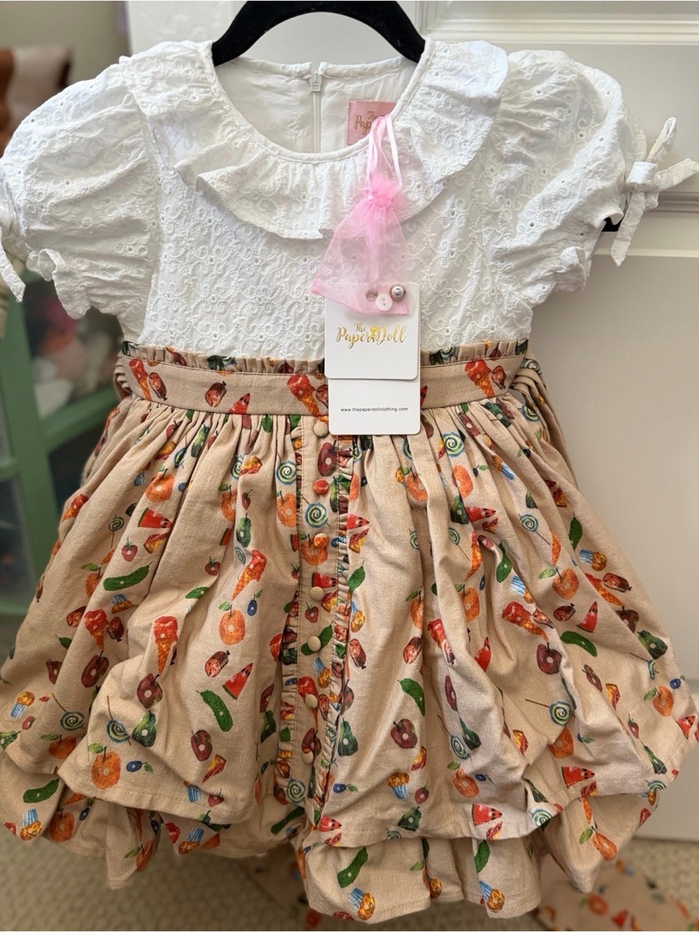 paper doll White Eyelet Top with Beige Candy-Print Skirt